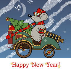 Merry Christmas card with the mouse, the car, Christmas tree and gifts and English text "Happy New Year!"