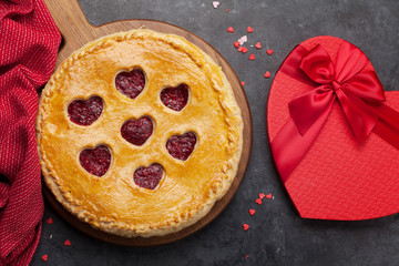 Raspberry cake for Valentine's Day with hearts