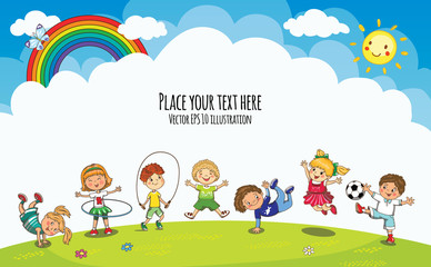 Aire de jeux vectorielle avec sauts de garçons et de filles. Modèle de brochure publicitaire pour enfants. Jardin d& 39 enfants, écoliers été, vacances de printemps.