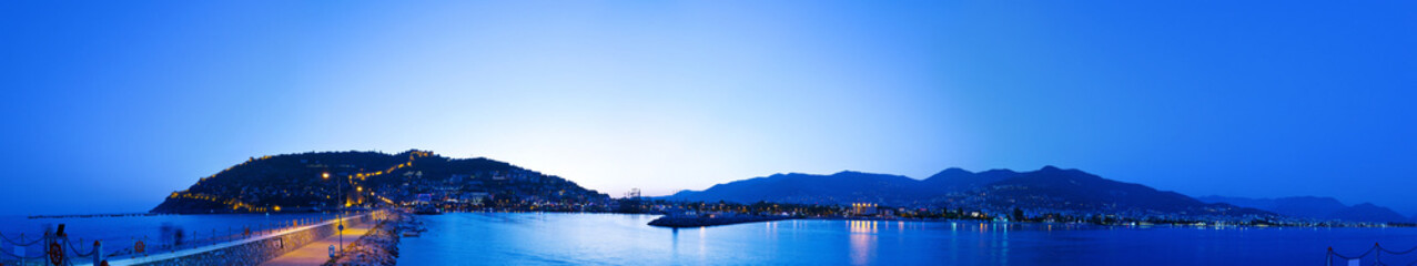 Panoramic view of Alanya harbor at night