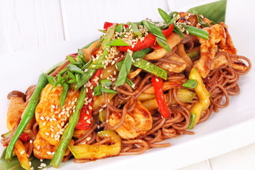 Warm salad with chicken and vegetables