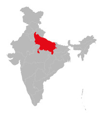 Uttar pradesh state marked red on indian map vector. Light gray background. Perfect for business concepts, backdrop, backgrounds, label, sticker, chart etc.