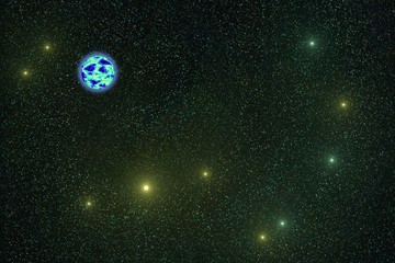 galaxy - space with a blue planet and many blue and yellow stars