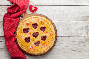 Raspberry cake for Valentine's Day with hearts