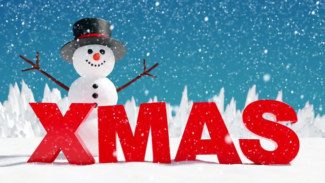 Cute little snowman in snow and XMAS text, animated greeting card. Happy new Year 3D animation	