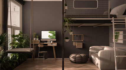 Minimalist studio apartment with loft bunk double bed, mezzanine, swing. Living room with sofa, home workplace, desk, computer. Windows with plants, white and gray interior design