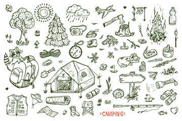 Tourism and camping set. Hand drawn doodle Camping Elements