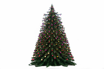 green christmas tree decorated with colorful balls on a white background