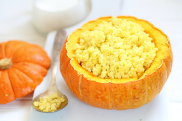 Walking porridge with pumpkin and milk on a white background