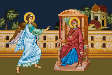 Fototapeta premium Annunciation to the Blessed Virgin Mary. Whole illustration in Byzantine style.