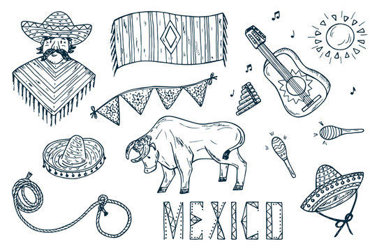 Mexico Vector Set. Mexican Items - Hand Drawn Doodle Mexican Man, Ponchos, Sombrero, Guitar, Rodeo, Bull, Lasso