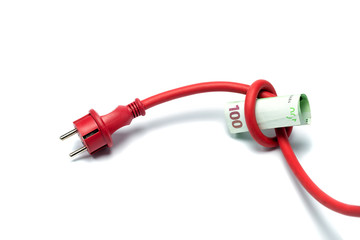 Red electric cable with plug tied to a knot on a roll of one hundred euro banknote isolated on white. Expensive electricity concept.