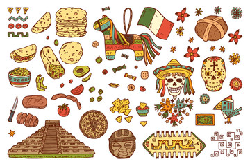 Mexico Vector set. Mexican items - Hand drawn doodle Mexican sights, cultural artifacts, Day of the Dead Attributes, patterns, food