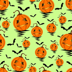 Seamless Halloween Pattern with Pumpkins and Bats background. - Illustration