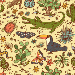 Mexico Vector Seamless pattern. Mexican flora and fauna. Nature of Mexico - Plants and animals. Hand drawn doodle Cactuses, butterflies, reptiles, crocodile, toucan bird