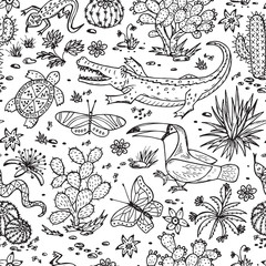 Mexico Vector Seamless pattern. Mexican flora and fauna. Nature of Mexico - Plants and animals. Hand drawn doodle Cactuses, butterflies, reptiles, crocodile, toucan bird