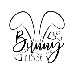 Bunny kisses- calligraphy text, with ears and hearts .Good for poster, banner , card, textile print.