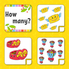 Counting game for children. Happy characters. Learning mathematics. How many object in the picture. Education worksheet. With space for answers. Isolated vector illustration in cute cartoon style.