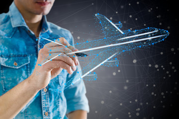 Airplane flying VR screen analysis. Flight up tourism journey virtual reality. Transportation...