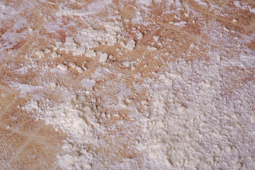 White flour on table in kitchen, preparation for cooking, texture