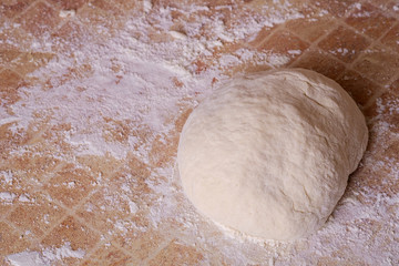 Prepared dough for baking pizza or bread on kitchen table with flour