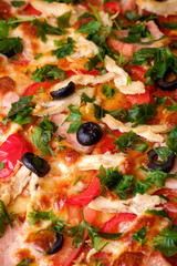 Fresh hot homemade pizza with chicken meat, ham, tomato, mozzarella cheese, black olives and parsley, angle view texture