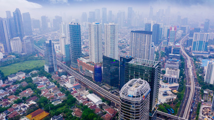 Aerial view of busy district at morning time