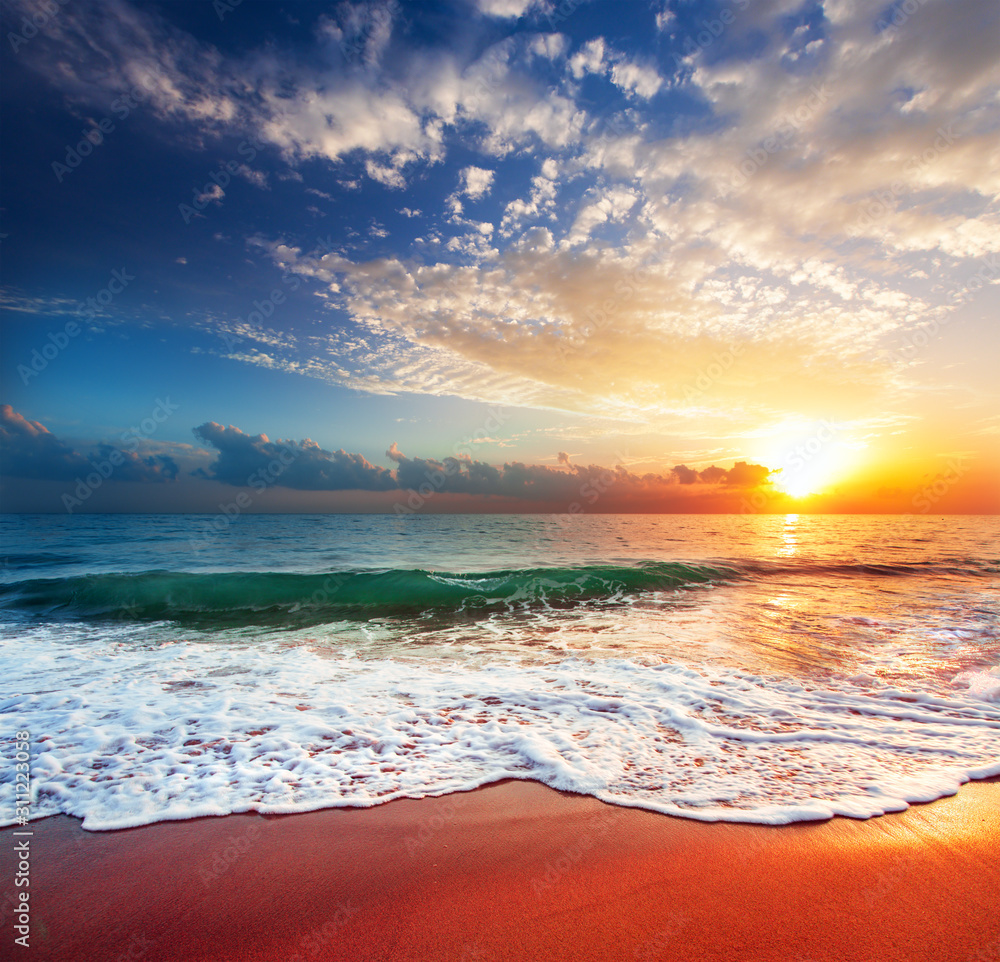 Poster beautiful tropical sunset and sea