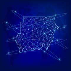 Global logistics network concept. Communications network map of Sudan on the world background. Map of Sudan with nodes in polygonal style. EPS10. 