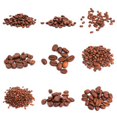 collage of Coffee beans isolated on a white background area for copy space.