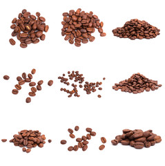 collage of Coffee beans isolated on a white background area for copy space.