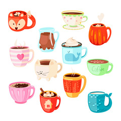 Vector set of various cups with drinks, tea or coffee. Cocoa with marshmallows, winter warming drinks and hot espresso cup. 