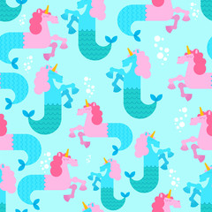 Water unicorn Hippocampus pattern seamless. Mythical animal background . Heraldic beast texture. Sea horse with fishtail ornament