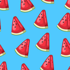 Slices of watermelon on a blue background. Seamless pattern. Vector illustration.