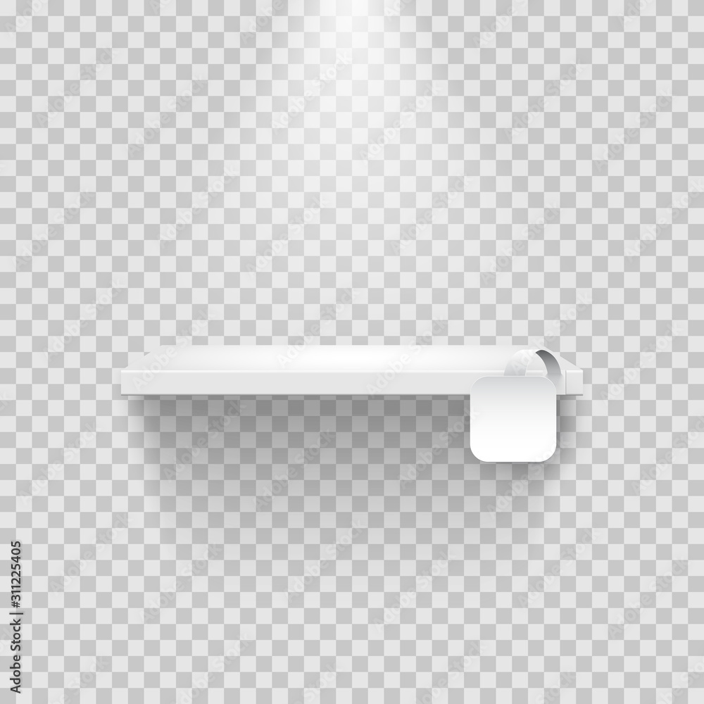Poster empty shelf with blank white square tag isolated on transparent backdrop. realistic mockup for super