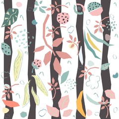 Hand Drawn Seamless Pattern with plants and berries. Artistic Creative Design.