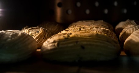 Warm fresh bread in a bakery. Making ciabatta and eco production. Manufacturing process working hard. Bakery shop and selling rooty. Baking Italian bio bread in oven. Time lapse footage of cooking.