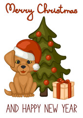 Cute puppy in a red cap of Santa Claus. Dog and gift box near the Christmas tree. Merry Christmas and happy new year greeting card. White background. Vector illustration.