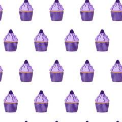 Cupcake decorated with blackberry. Seamless pattern. Vector illustration.