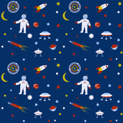 Astronaut child, baby rockets, satellites - pattern - vector. Space Tourism