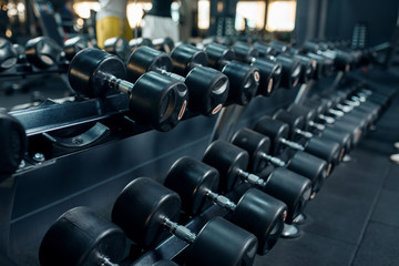 Row of dumbbells in gym closeup, nobody