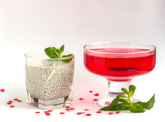 Healthy dessert pudding with chia seeds and berries jelly in glass cups on a white background.  Decorated with mint. Diet food and weight loss concept. Minimal design