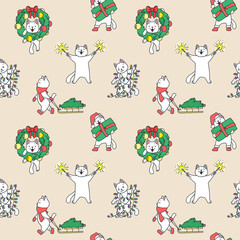 Winter holiday pattern. Cute seamless pattern of funny white cats preparing for Christmas. Vector illustration 8 EPS.