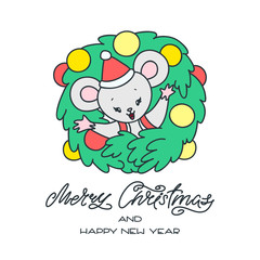 Fototapeta premium Merry Christmas and Happy New Year. Winter holiday greeting. Hand drawn illustration of a cute little mouse sitting in a Christmas wreath. Vector 8 EPS.