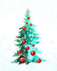 Watercolor scenic spruce. Christmas tree with red christmas balls. Mixed media. Vector illustration