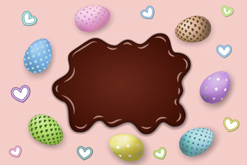 Happy Easter background, pastel eggs texture, chocolate stain. Decoration frame. Greeting Easter 3D card. Border template, empty space. Holiday design poster, banner, invitation. Vector illustration