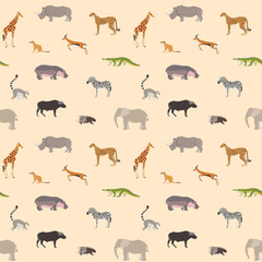 Pattern of african animals. Seamless pattern with african animals such as elephant, zebra, giraffe, hippo etc. Illustration in a flat style. Vector 8 EPS.
