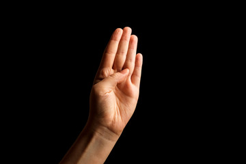 Fototapeta premium Hand Showing Sign of B Alphabet in American Sign Language (ASL), isolated on black background. Sign language