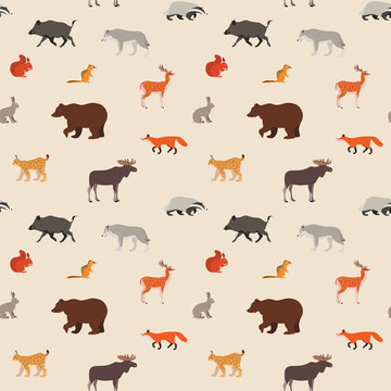 Pattern of woodland animals. Seamless pattern with woodland animals such as foxes, deer, hares, wolves, squirrels, moose etc. Illustration in a flat style. Vector 8 EPS.