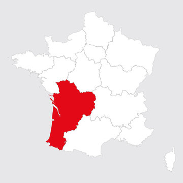Nouvelle aquitaine province highlighted red on france map. Gray background.